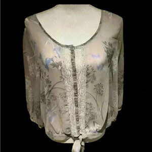 Express sheer ladies front tie blouse button down long sleeve Medium